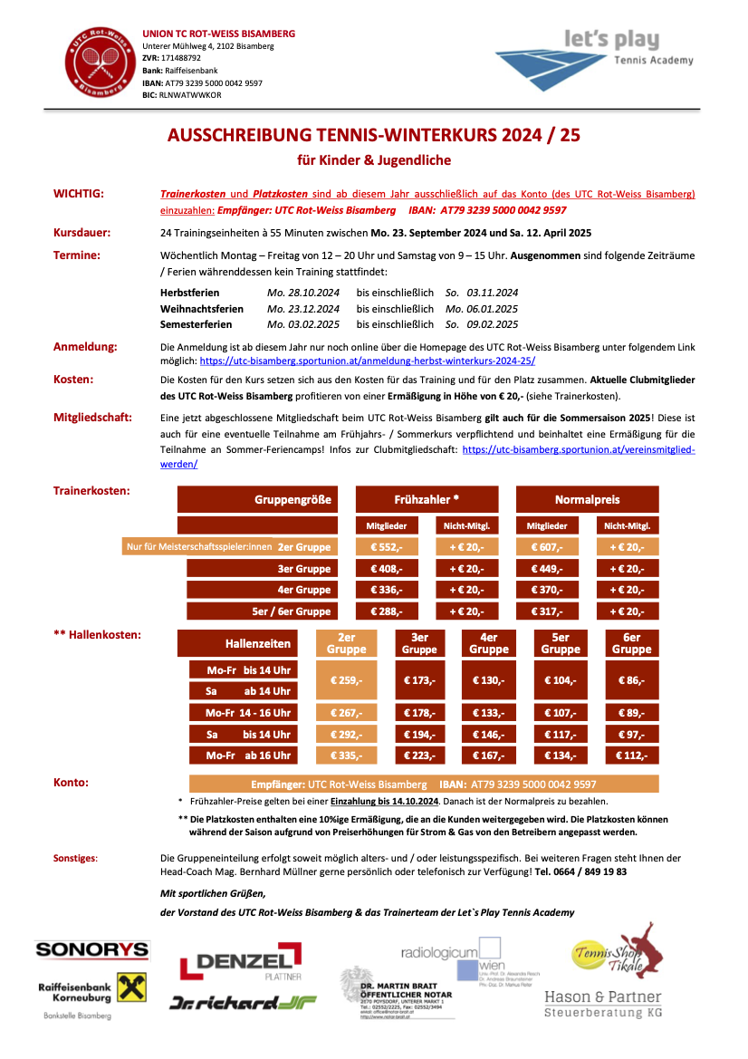 Ausschreibung Herbst-Winterkurs 2024-25 UTC Bisamberg