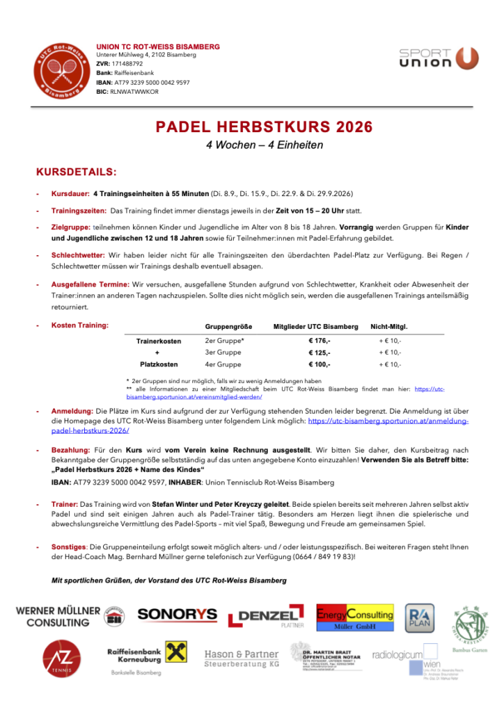 Ausschreibung Padelkurs Herbst 2026 UTC Bisamberg