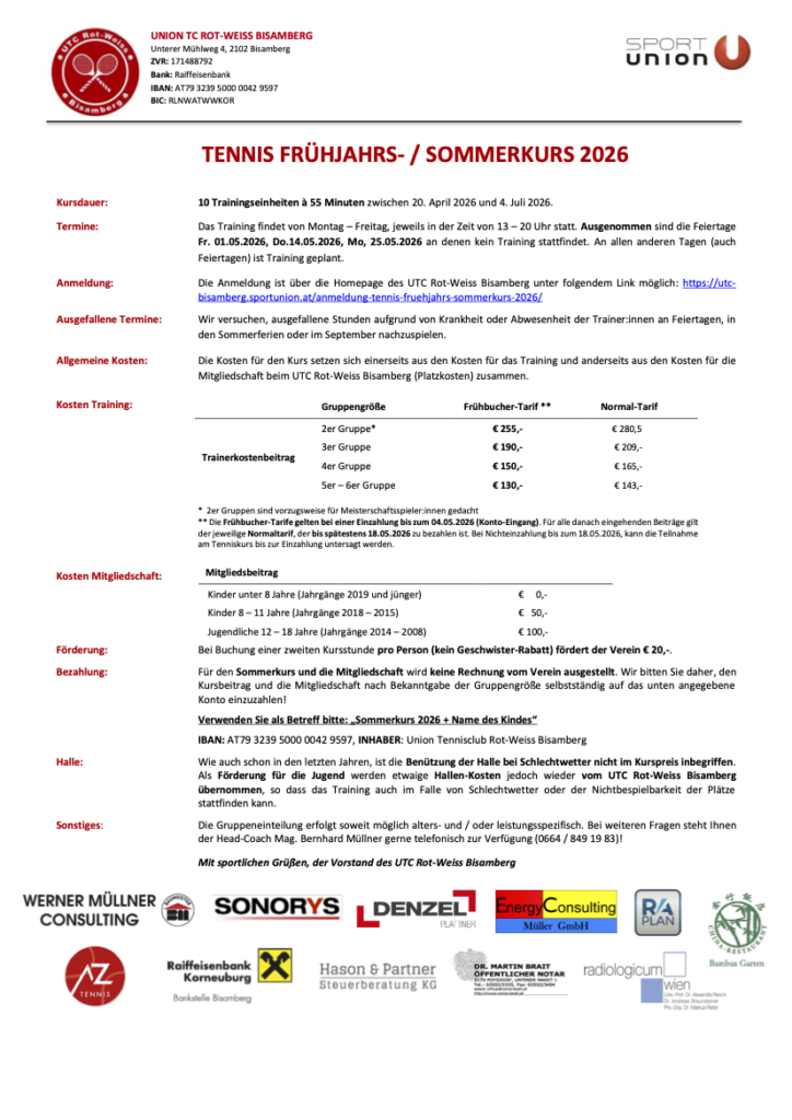 Ausschreibung Sommerkurs 2026 UTC Bisamberg